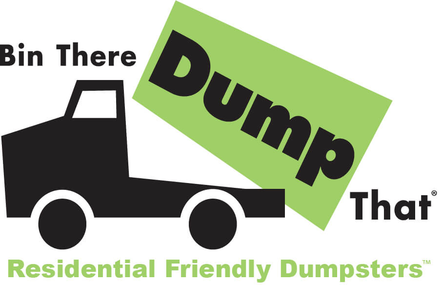 Logo of "bin there dump that," featuring a stylized black dump truck highlighting residential junk removal franchise and dumpster rental franchise services with green text.