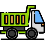 A green garbage truck with orange windows and associated with a junk hauling franchise.