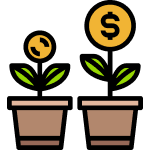 Two potted plants with a clock and a dollar coin representing growth over time in a junk removal franchise and financial growth.