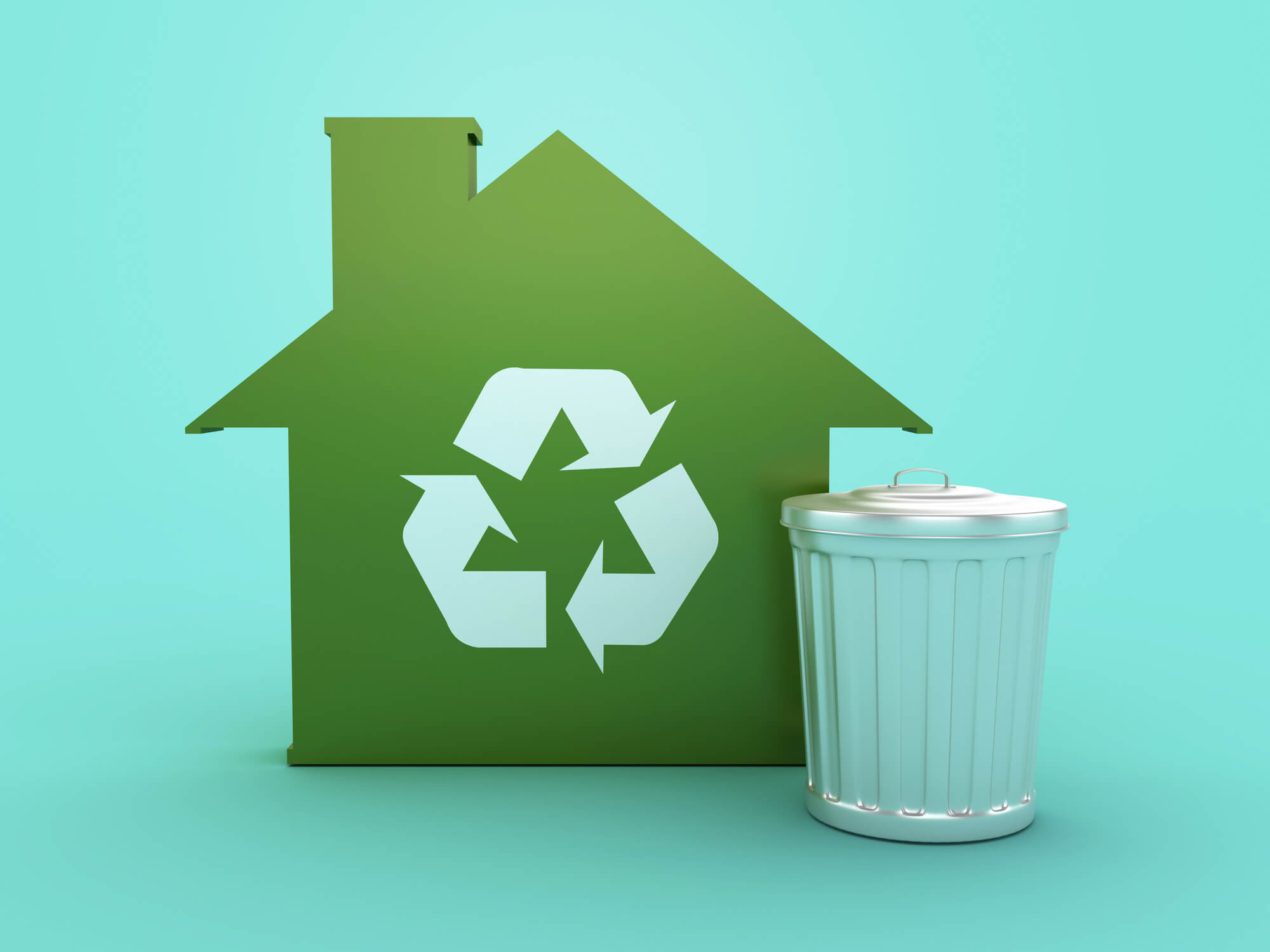 A green house-shaped recycling symbol next to a white trash can on a light blue background for a dumpster rental franchise opportunity