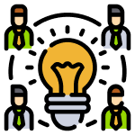 Four professionals representing a junk removal franchise surrounding a lightbulb, suggesting collaboration and innovation.