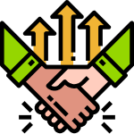 Depicting a handshake with upward arrows, symbolizing a junk removal franchise or agreement with growth or success.