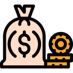 Money bag with a junk removal franchise and a cogwheel, indicating financial operations or industrial economy.
