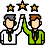 Two people with raised hands celebrating success under three stars in a junk removal franchise.