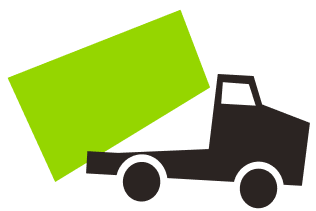 A stylized graphic of a black truck from a junk removal franchise carrying a large green rectangle.