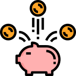 A pink piggy bank surrounded by orange coins.