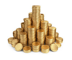 Piles of stacked gold coins arranged in a pyramid shape.