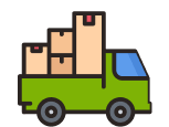 A green delivery truck filled with cardboard boxes, operating for a junk removal franchise.