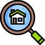 Magnifying glass focused on a house, symbolizing search for real estate or evaluation of a property by a dumpster rental franchise.